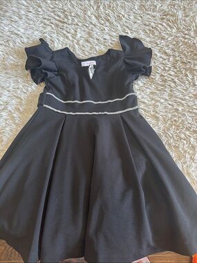 Bonnie Jean Black Ruffled Sleeve Dress with Rhinestone Waist
